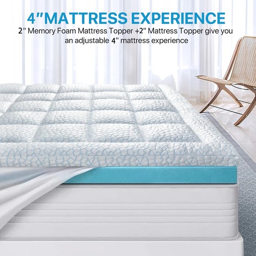 FAPO Twin Size Dual Layer 4'' Memory Foam Mattress Topper & Quilted Pillow Pad - Picture 3 of 11