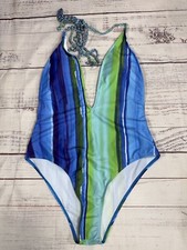 Women's Blue Green Stripe Swim Suit One Piece Deep V-Neck Open Back Sz L NWT
