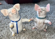 Two Little Pig Figurines. Cute. One With Teal Bow The Other With Blue Bow. 4  