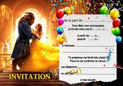 5 - 12 ou 14 cartes invitation anniversaire la belle et la bête REF 441