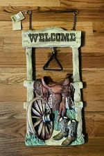 Saddle Dinner Bell Welcome Sign Decor Western Cowboy Rustic Design Post