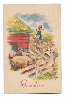 Glückwunsch, Vintage Norwegen Postkarte, Schweine, Kinder, Bauernhof, Mittet & Co