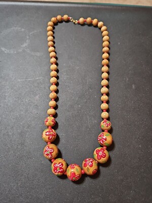 Vintage 12 Inch Handpainted Floral Beaded Wooden Necklace