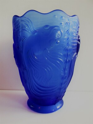 Vintage J.Inwald Barolac Czech/Bohemian Blue Satin Glass Vase ART DECO Fish