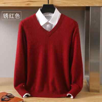 Men's 100% Sweater V-Neck Knitted Large Size Mink Sweater Winter