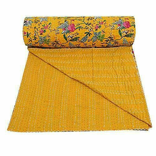 Reversible Floral Kantha Quilt Multicoloured Queen Blanket Bohemian Bed Runner