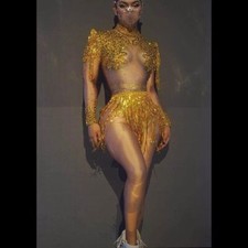 Women Rhinestones Sequin Tassel Bodysuit Fringe Singer Dancer Costume Stage Wear