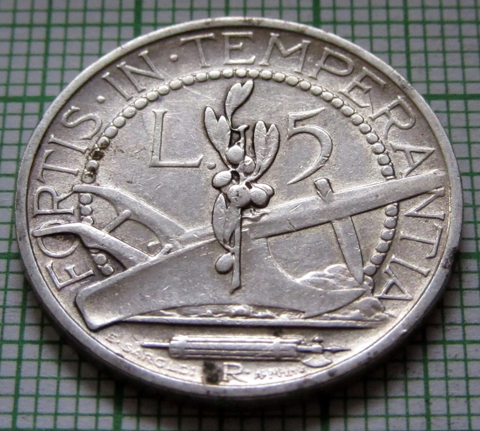 SAN MARINO 1935 R 5 LIRE, PLOUGH & FORTIS IN TEMPERANTIA Motto, 0.835 SILVER - Image 4 of 4