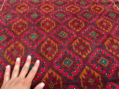 Handmade Afghan Baluchi Rug 4'0 x 6'6 | Handmade Turkmen Inspired Nomadic Rug - Picture 10 of 15