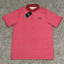 Polo de golf Under Armour The Iso-Chill estampado rojo rosado blanco para hombre mediano nuevo