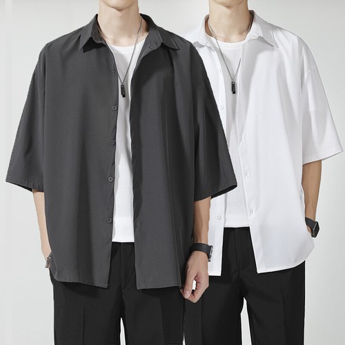 Summer Men's Loose Casual Micro-Elastic Ice Silk Button Shirts Tops Short Sleeve - 第 1/31 張圖片