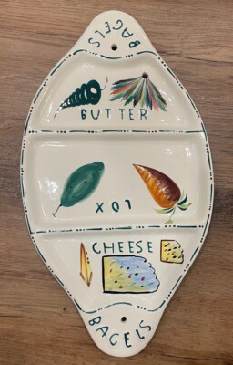 Bagel Lox Ceramic Serving Tray 1950s Platter Italy Signed 18x 9.5  Cream Art Vtg