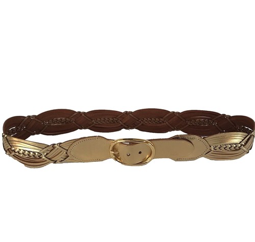 New LAUREN Ralph Tan Leather Crochet Stretch Wide Striped Belt Leather Buckle LAUREN Ralph Lauren Brown Leather White/Blue Striped Crochet  main image 4