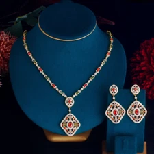 Gorgeous Long Engagement Necklace Earrings Gold Plated Cubic Zircon Jewelry Set