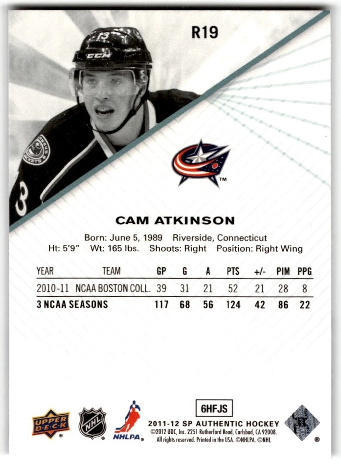 2011-12 SP Authentic Extended Cam Atkinson Rookie #R19 Columbus Blue Jackets - Image 2 of 2