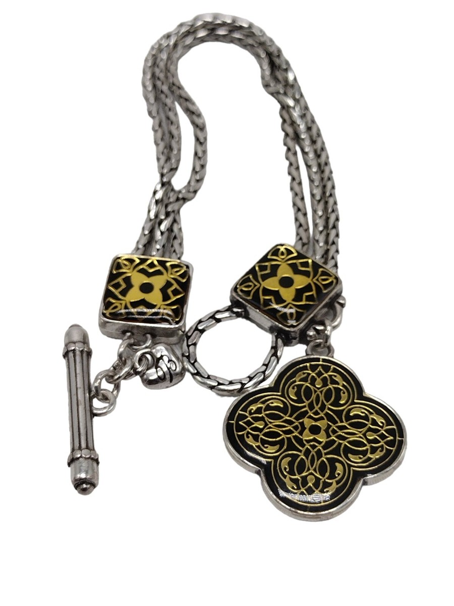 Brighton Silver Plate Black Gold Resin Flower Multi Strand Toggle