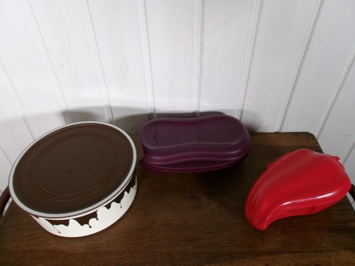 3 Tupperware Solo Kocher Mikrowelle 430ml rote Paprika runde Dose Vintage