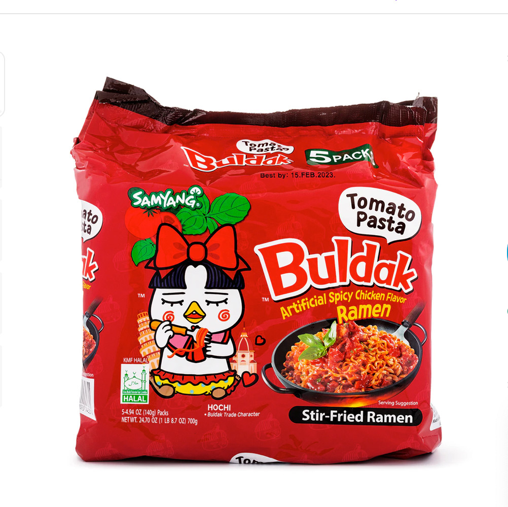 Samyang Buldak Ramen, pasta de tomate sabor pollo caliente 5 unidades 24,7 oz (paquete de 4)