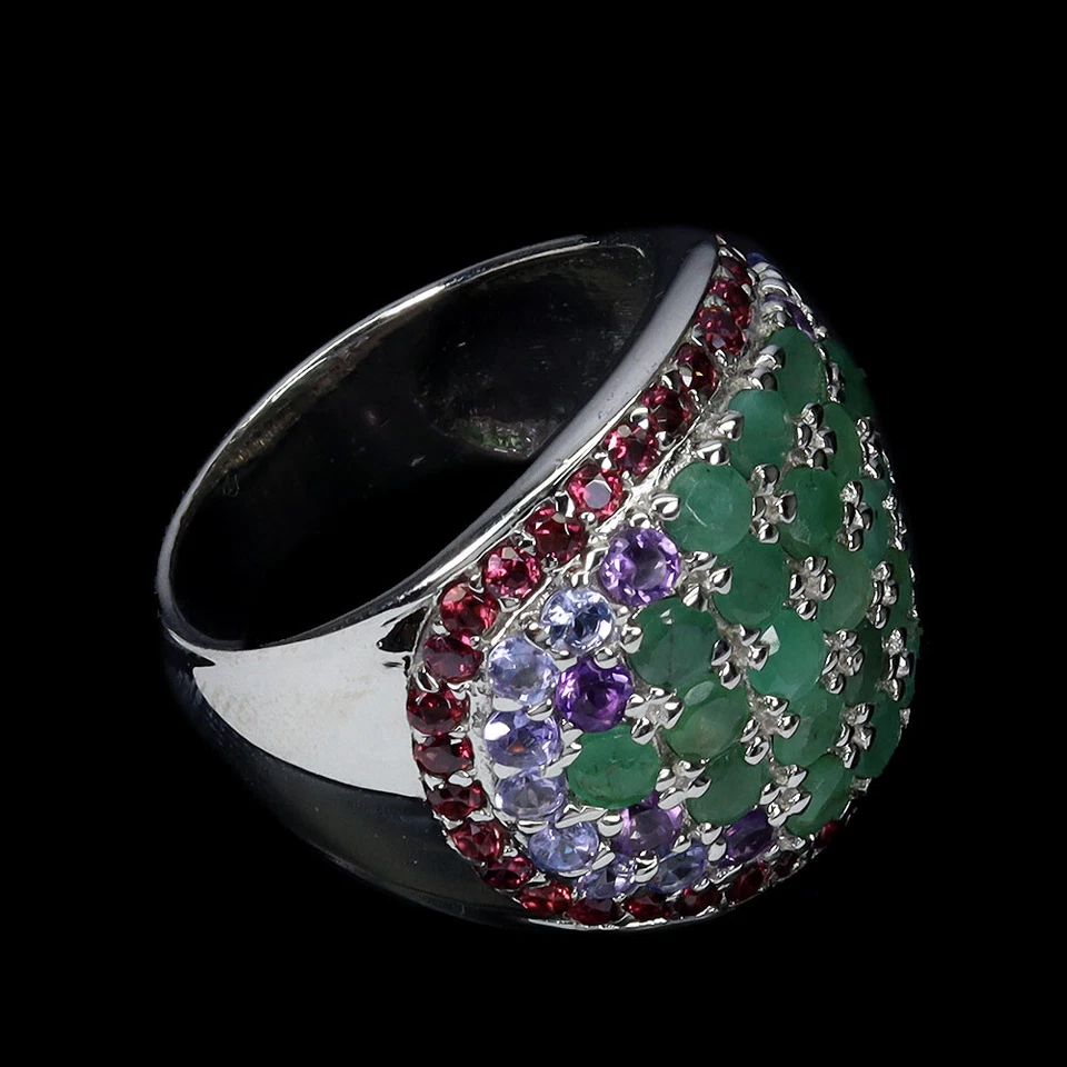 925 Anillo Plata de Ley Redondo Esmeralda Granate Tanzanita Gema Joyería Sz 8.5 - Imagen 3 de 4