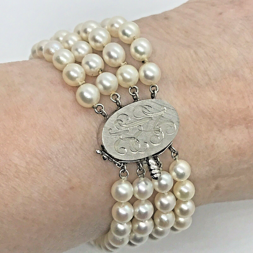 Antique 14k Gold Diamond Brooch Pin 6 mm Akoya Pearl Four Strand Bracelet 8" - Picture 3 of 12