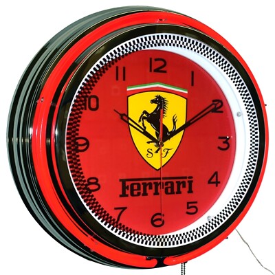 19'' Ferrari The Racing Horse Double Neon Clock Man Cave Garage Decor (Red)