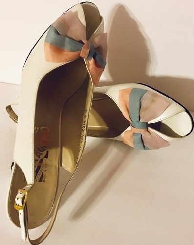 Vintage Classic Ferragamo Silk Bow Front Peep Toe Slingback Pump White 10AAA - Picture 8 of 12