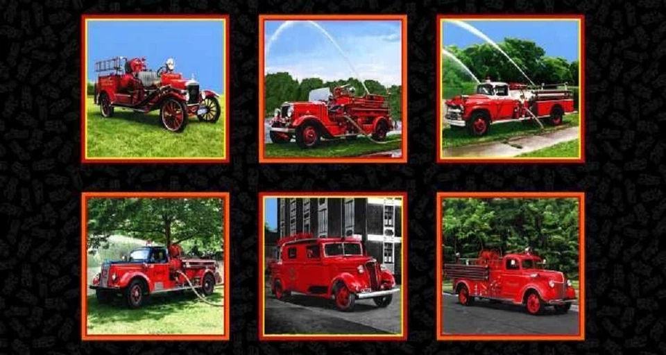 EXCLUSIVELY QUILTERS Hook and Ladder Fire Engines Fireman Panel Cotton Quilting Fabric