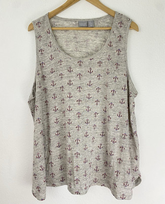 Kenar Women Heather Gray Linen Knit Tank Top Size 3X Anchors Sleeveless Nautical