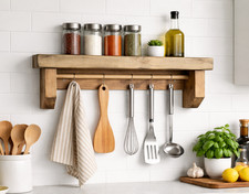 Handmade Wooden Kitchen Shelf with Hooks and Rail, Mug Wall Shelf Coffee station