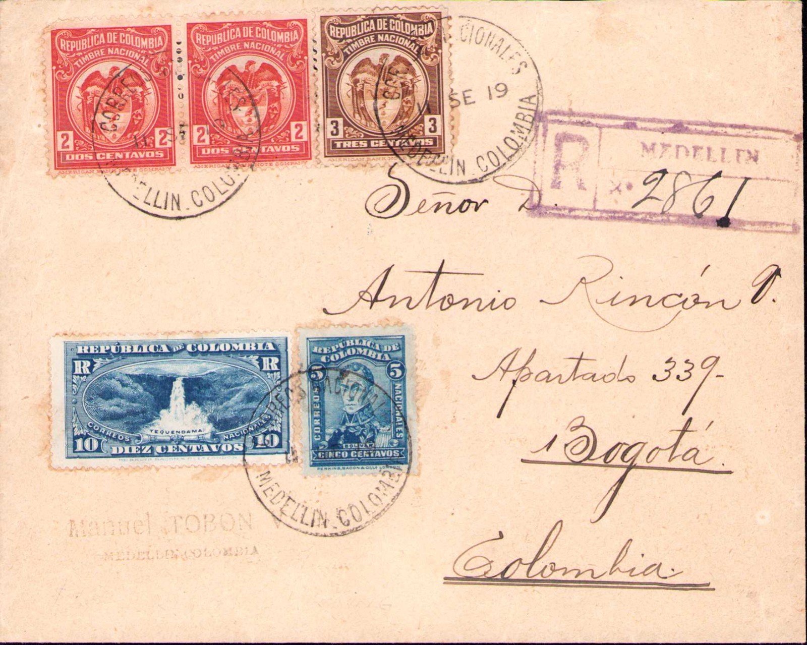COLOMBIA - 5c REGISTERED COVER W/ REVENUE STAMPS - MEDELLIN to BOGOTA - 1919 RRR