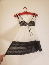 Vtg Y2k Victoria's Secret White Chiffon Babydoll Slip Black Lace Mini Coquette S