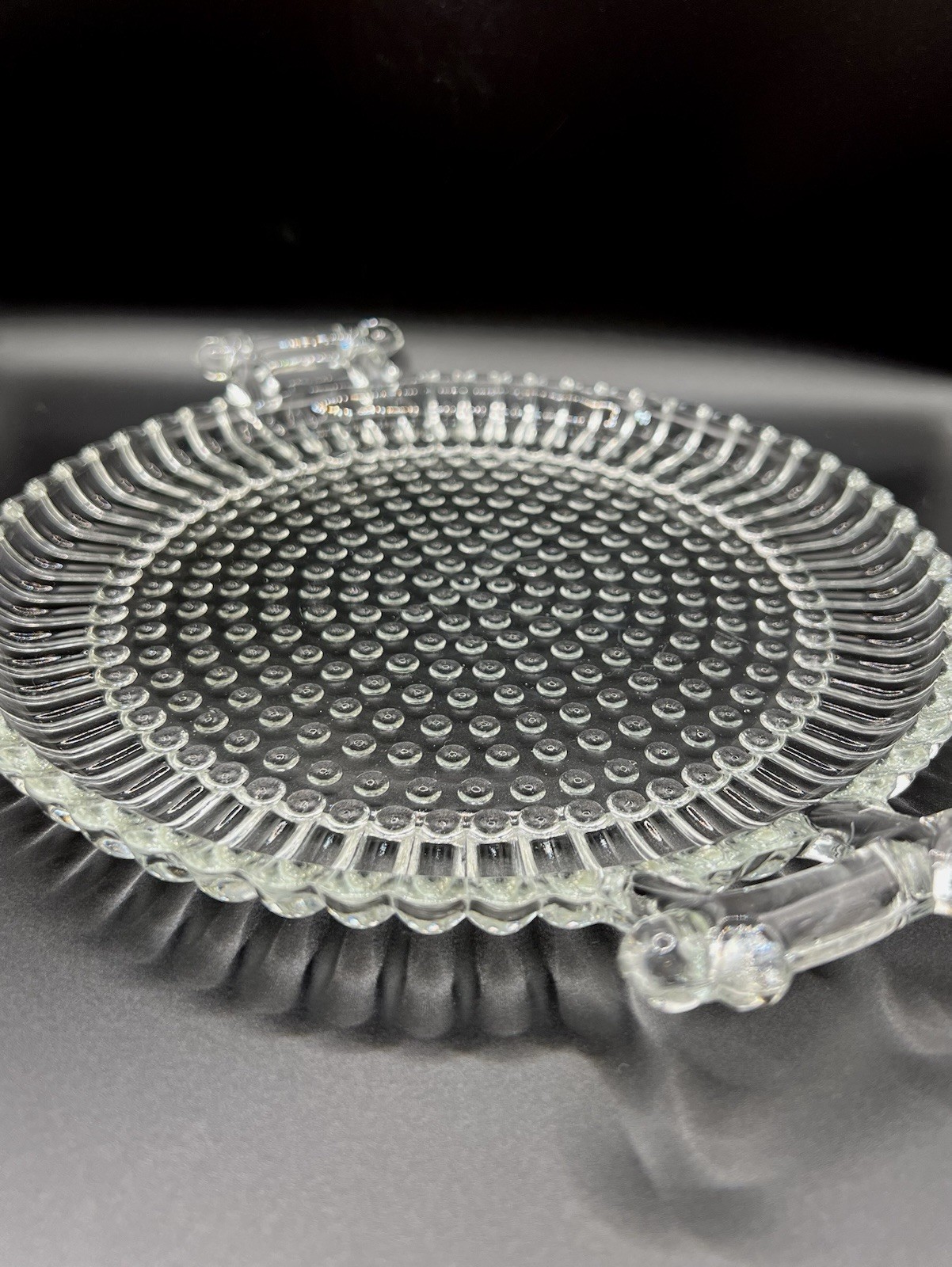 Vintage Jeanette Glass Hobnail Style Scalloped Platter Cake Plate w/Handles 8"