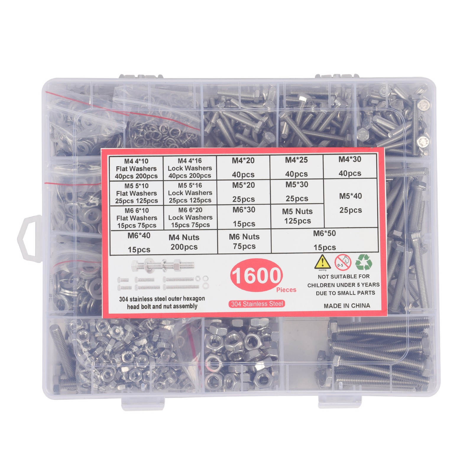 1600 x M4 M5 M6 Heavy Duty Bolts and Nuts Flat & Lock Washers Assortment Kit
