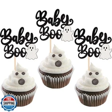 24 PCS Ghost Baby Boo Cupcake Toppers Glitter Little Boo Halloween Cupcake Pi