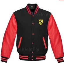 Ferraris Vintage Style Black Leather Wool Letterman Varsity Bomber Jacket Men’s