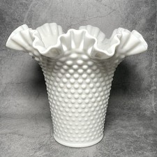 Large 8" Fenton Vase - White Hobnail with Ruffled, Flared Rim