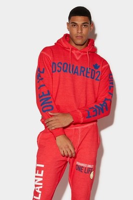 DSQUARED2 MEN'S POPPY RED HOODED SWEATSHIRT WITH TEXT MSRP $675