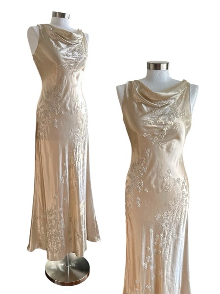 Vintage 90s Cowl Neck Wedding Gown Floral Formal Satin Beaded Dress Size Small