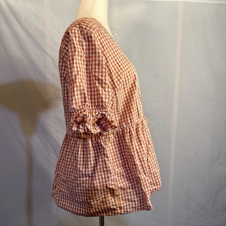 Blusa para mujer Downeast roja oxidada a cuadros de guinga manga abullonada peplum XXL Foto 3 de 4