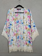 Floral Open Front Kimono With Fringe Trim Yoins 3/4 Sleeve Boho Beach Summer