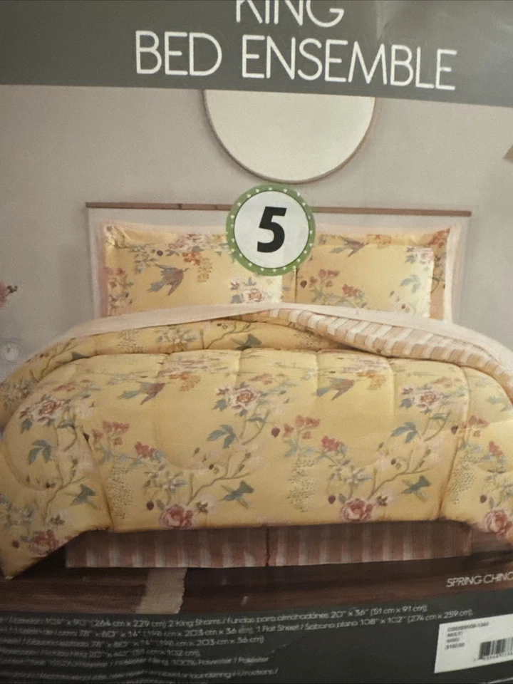 Nuevo en Paquete Pem America Spring Chinoiserie 8 Piezas Juego Edredón Amarillo Reversible King Foto 2 de 4