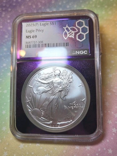 2025-P American Silver Eagle Privy NGC Graded MS69 Purple Core ASE BU Coin 1 oz