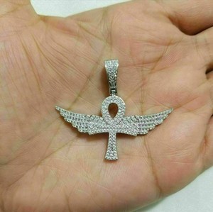 Authentic 14K White Gold Plated 0.98Ct Round Cut Moissanite Flying Ankh Cross Pendant