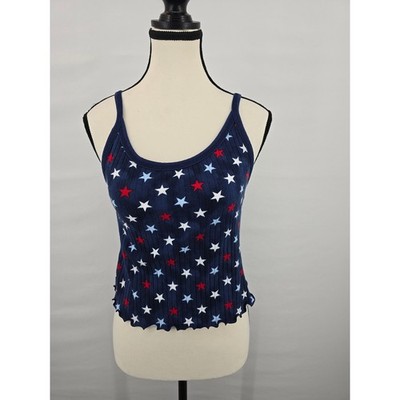 Old Navy Womens Blue Star Print Ribbed Lettuce Edge Tank Top Medium Patriotic