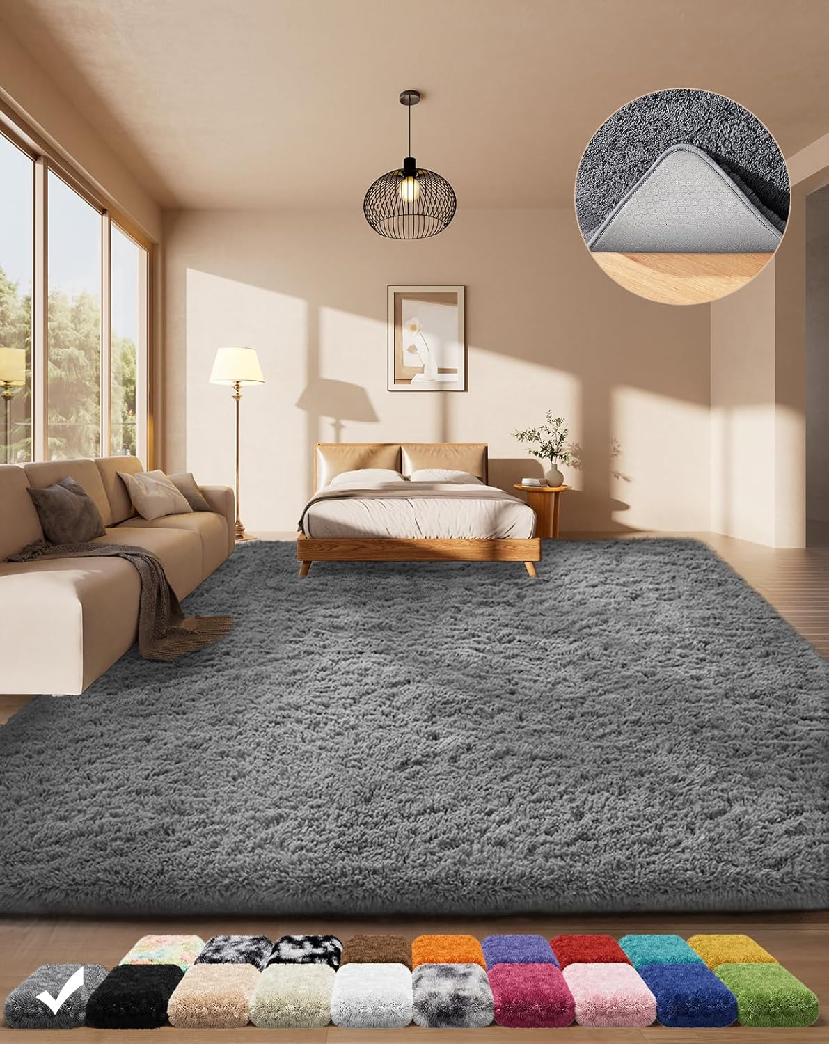 Non-Slip Grey Fluffy Shag Area Rug for Bedroom - Soft Indoor Carpet