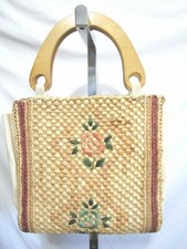 VTG Medium Size Beige Woven Straw Floral Embroidered Wood Handle Tote Handbag