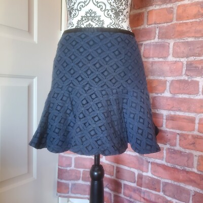 Medium Blue And Black Short Ruffled Diamond Floral Print Skirt