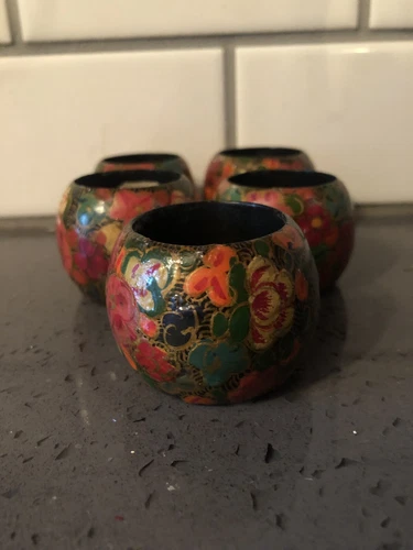 Vintage Wooden Floral Napkin Rings Set of 5 Round Brown Multi Colored
