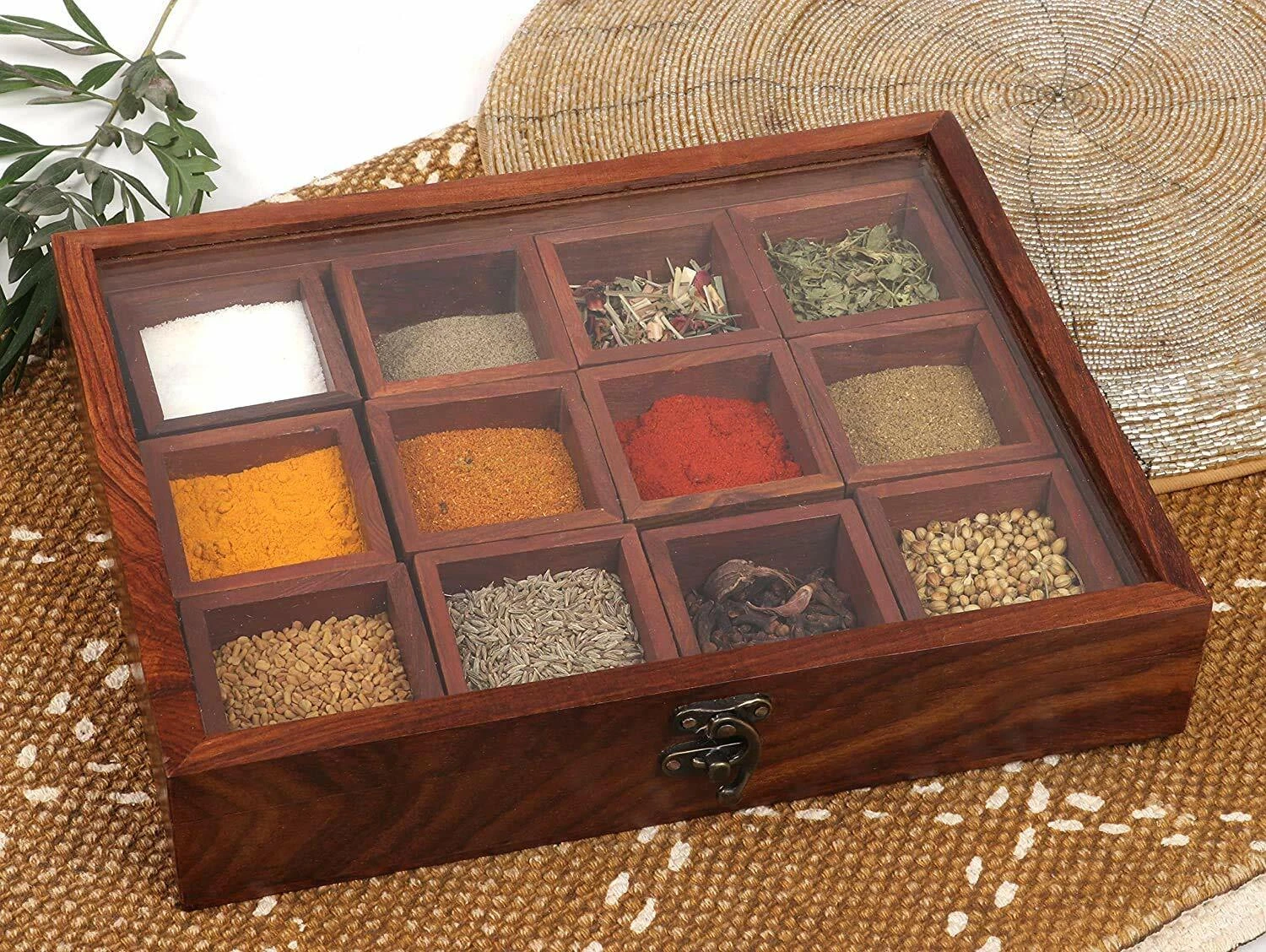 Wooden Spice Box with 12 Containers Jars & Spoon in Sheesham Wood