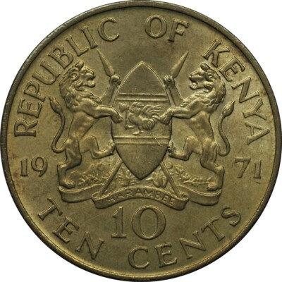 Kenya 1971 10 cents Lion Shield Mzee Jomo Kenyatta UNC in archival holder